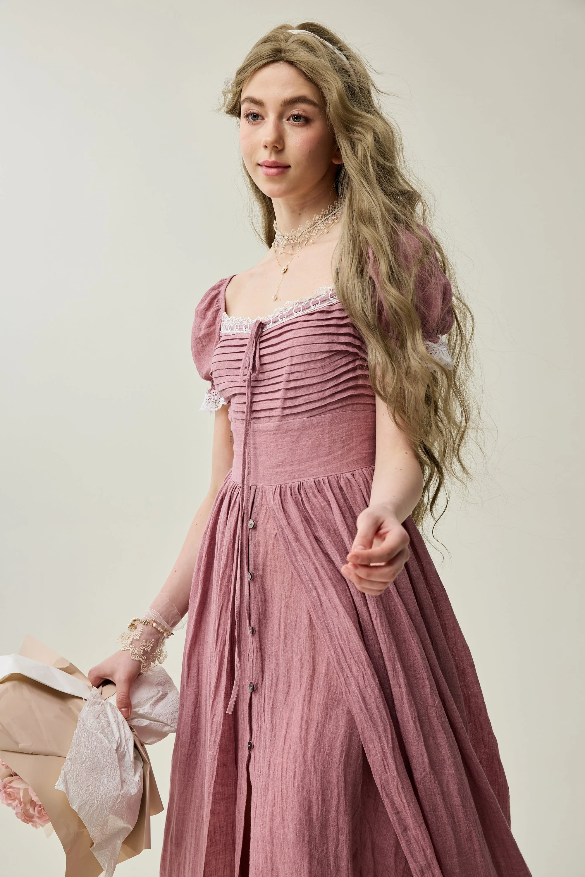 Monet Haze 26 | Fairy layered Linen Dress with pintucks - Image 18