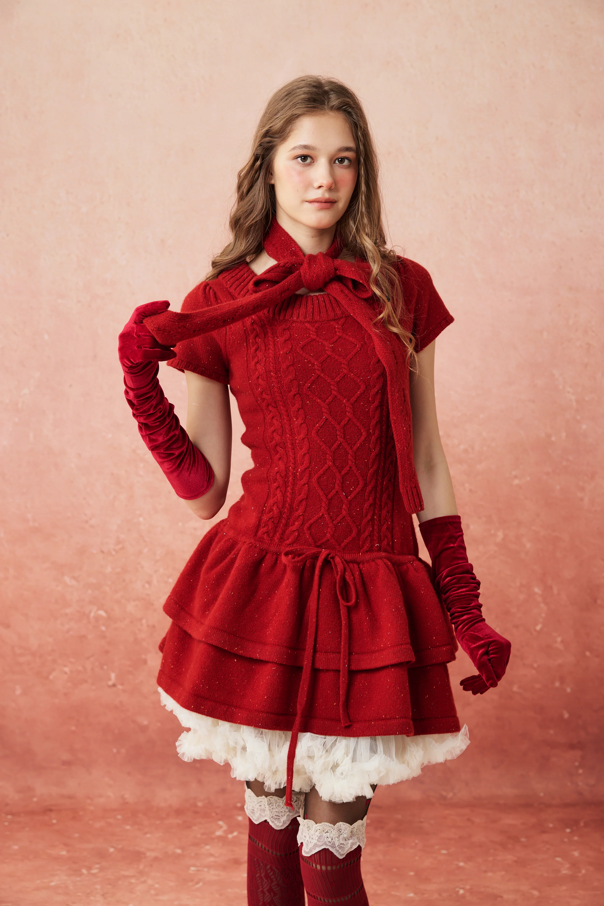 Lilypond 13 | 100% Wool Cable Knit Tiered Dress with scarf - Image 20
