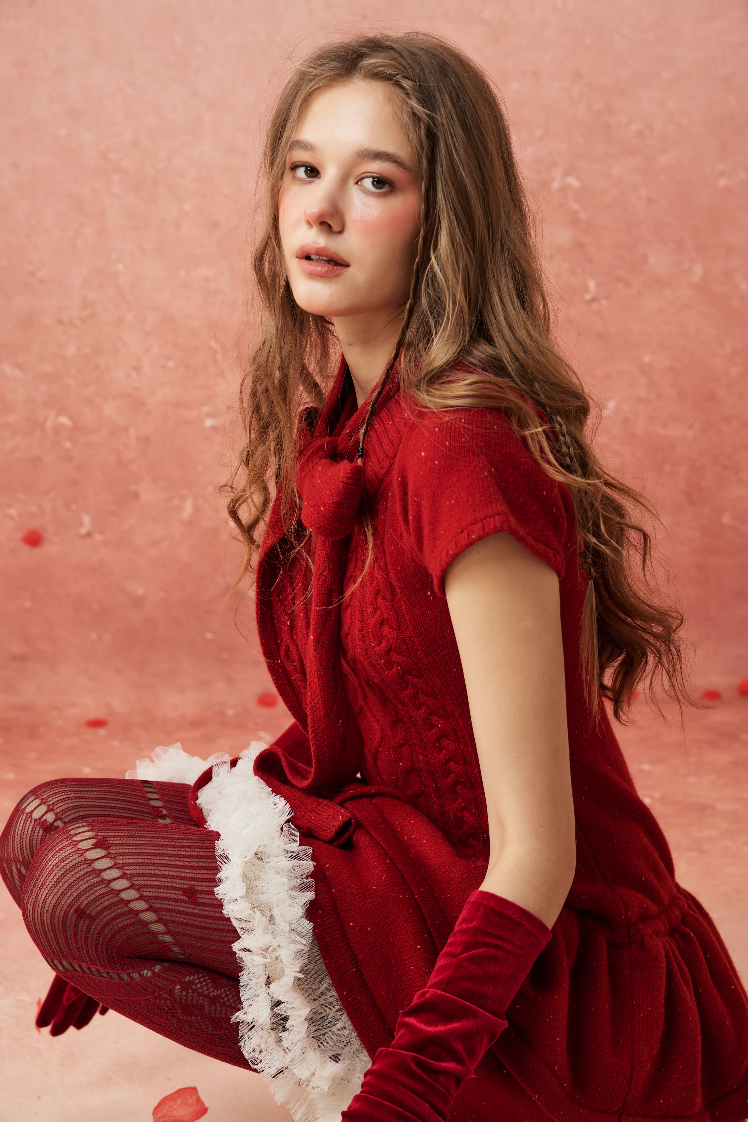 Lilypond 13 | 100% Wool Cable Knit Tiered Dress with scarf - Image 19