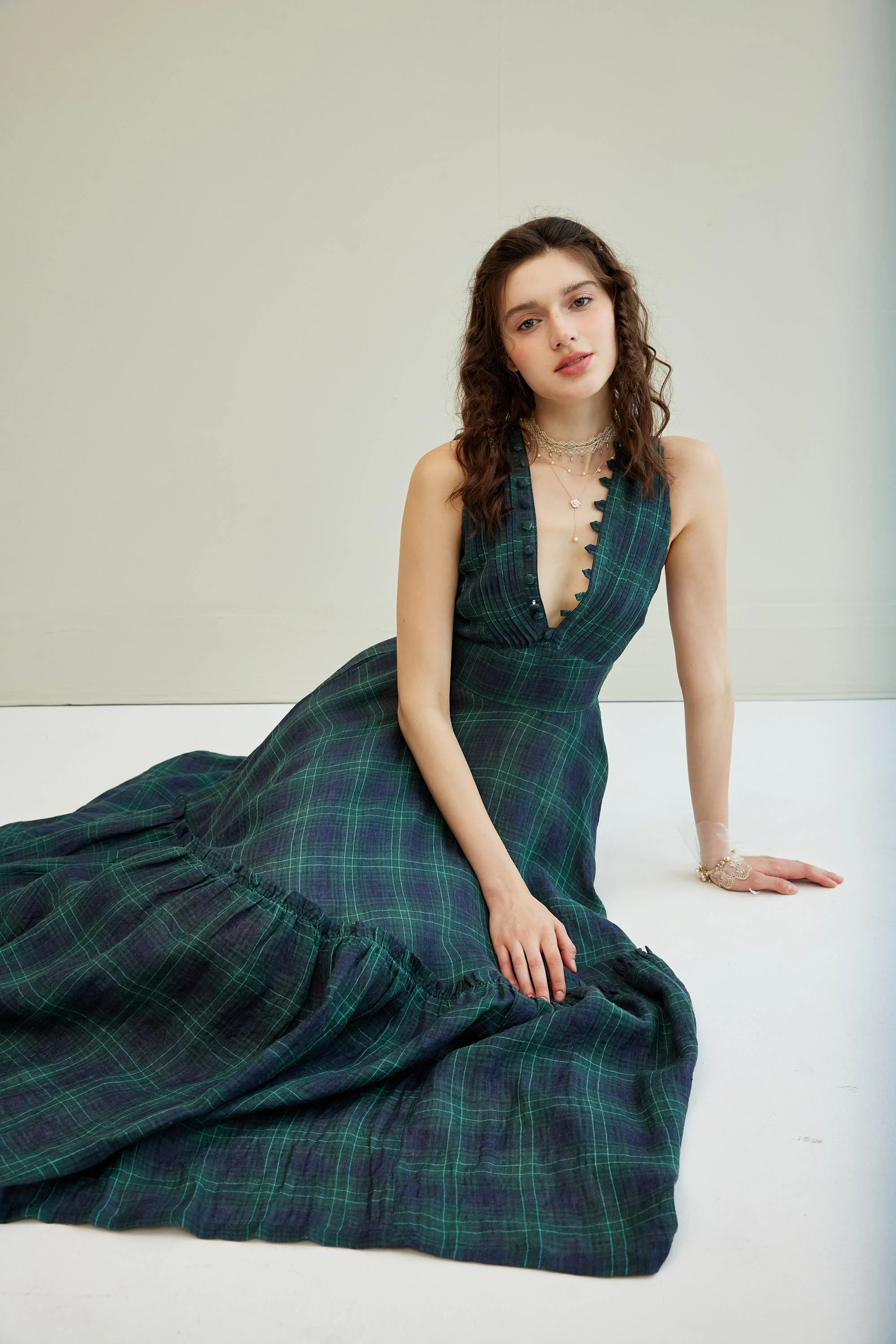 Moon River 24 | V-neck pintucked linen dress gown - Image 12