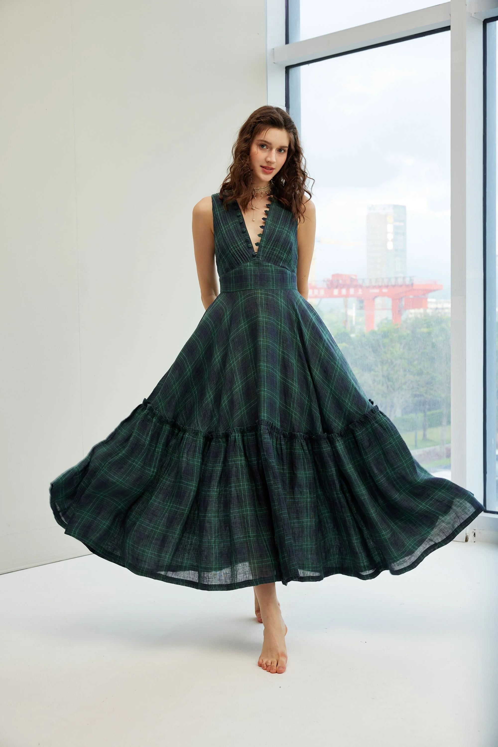Moon River 24 | V-neck pintucked linen dress gown - Image 14