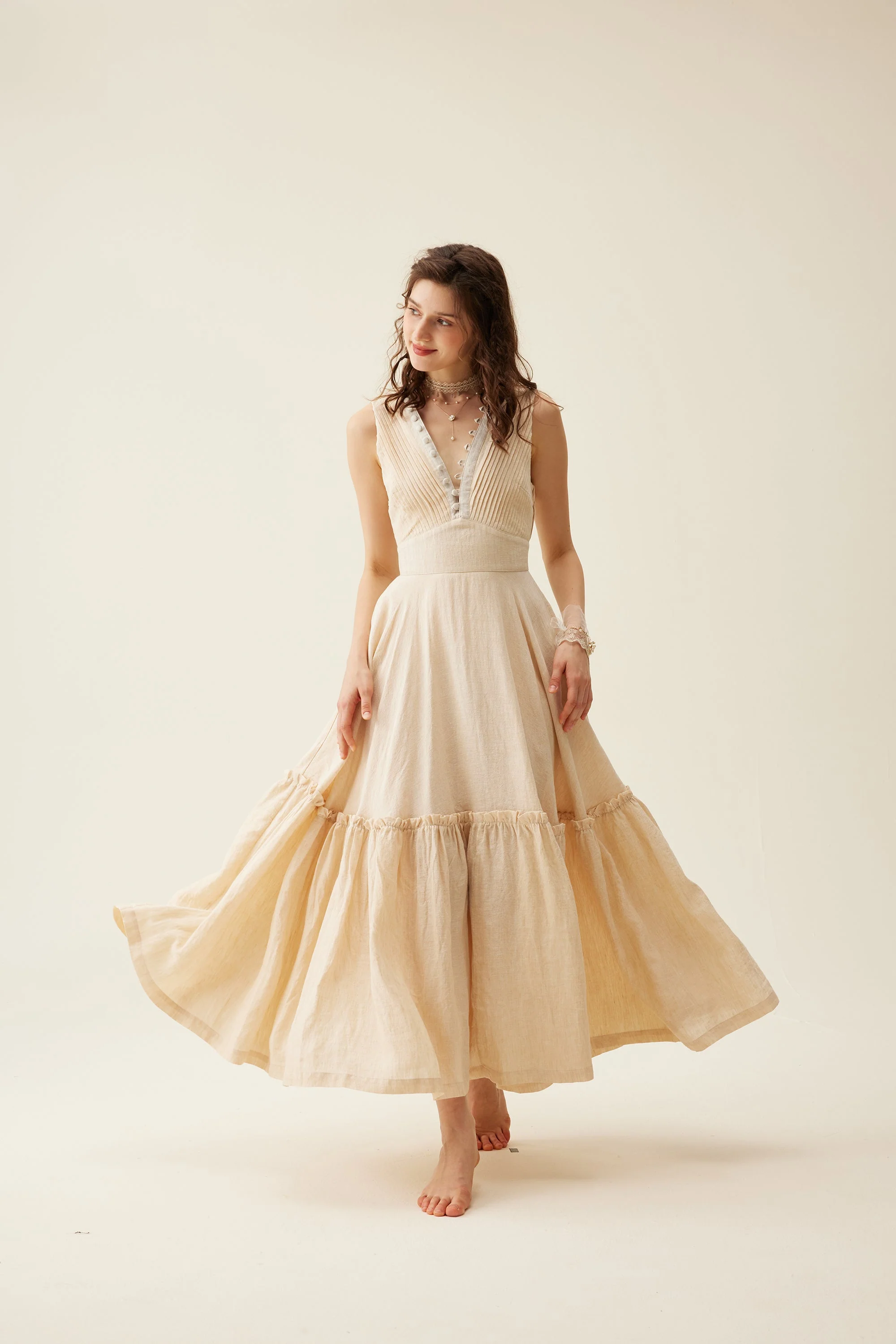 Moon River 24 | V-neck pintucked linen dress gown - Image 17