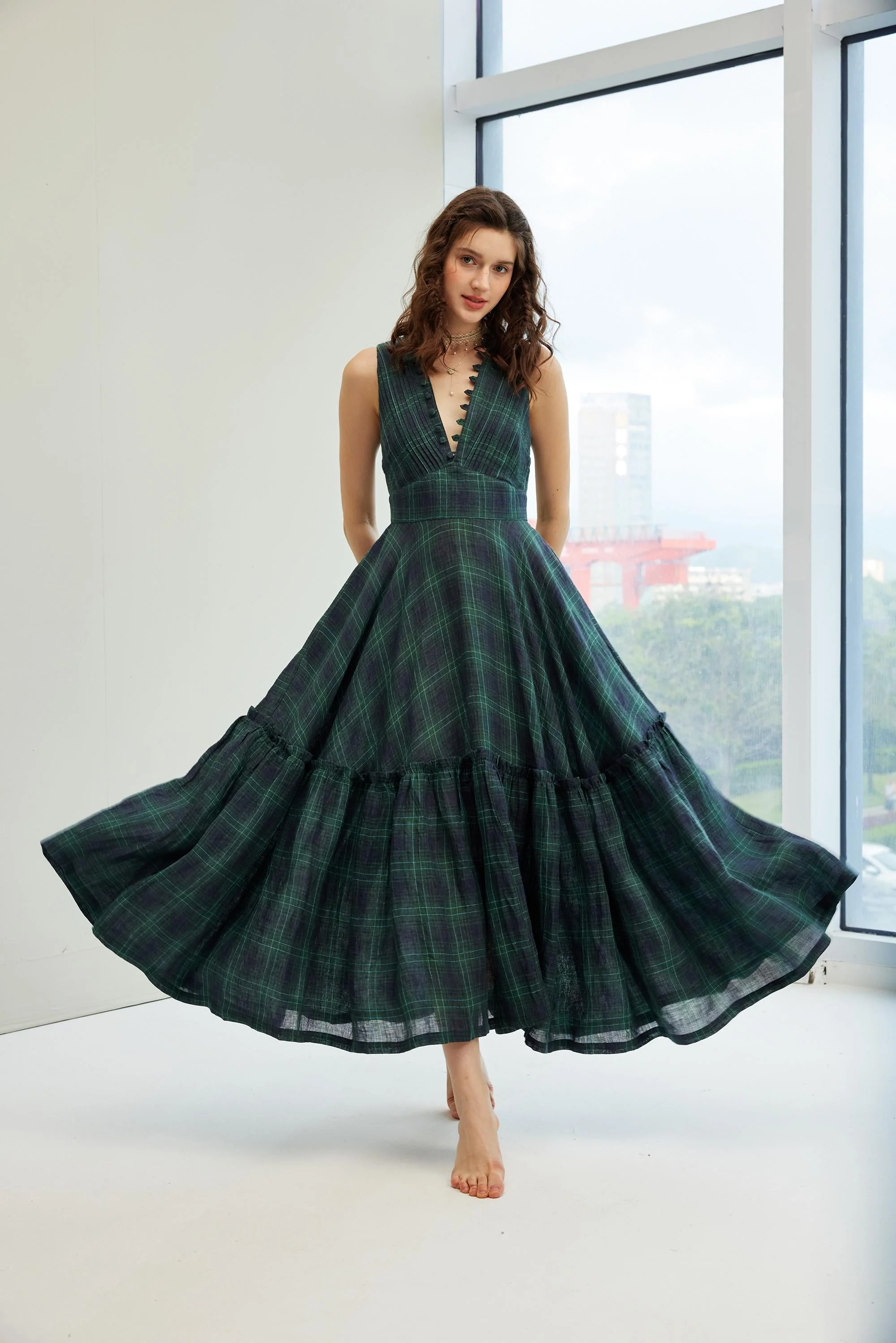 Moon River 24 | V-neck pintucked linen dress gown - Image 2