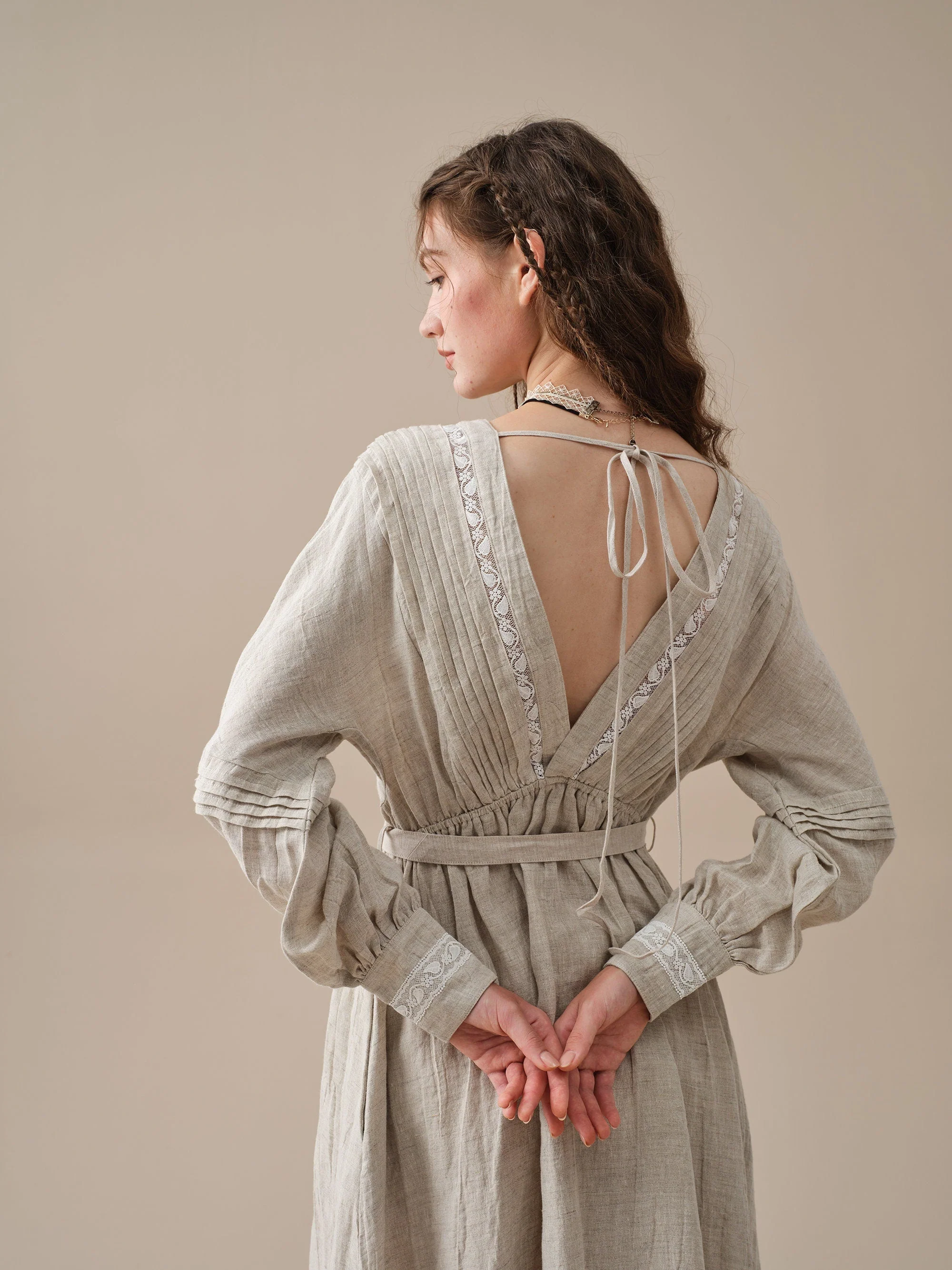 Octavia 17 | pintucked V-neck linen Dress - Image 10
