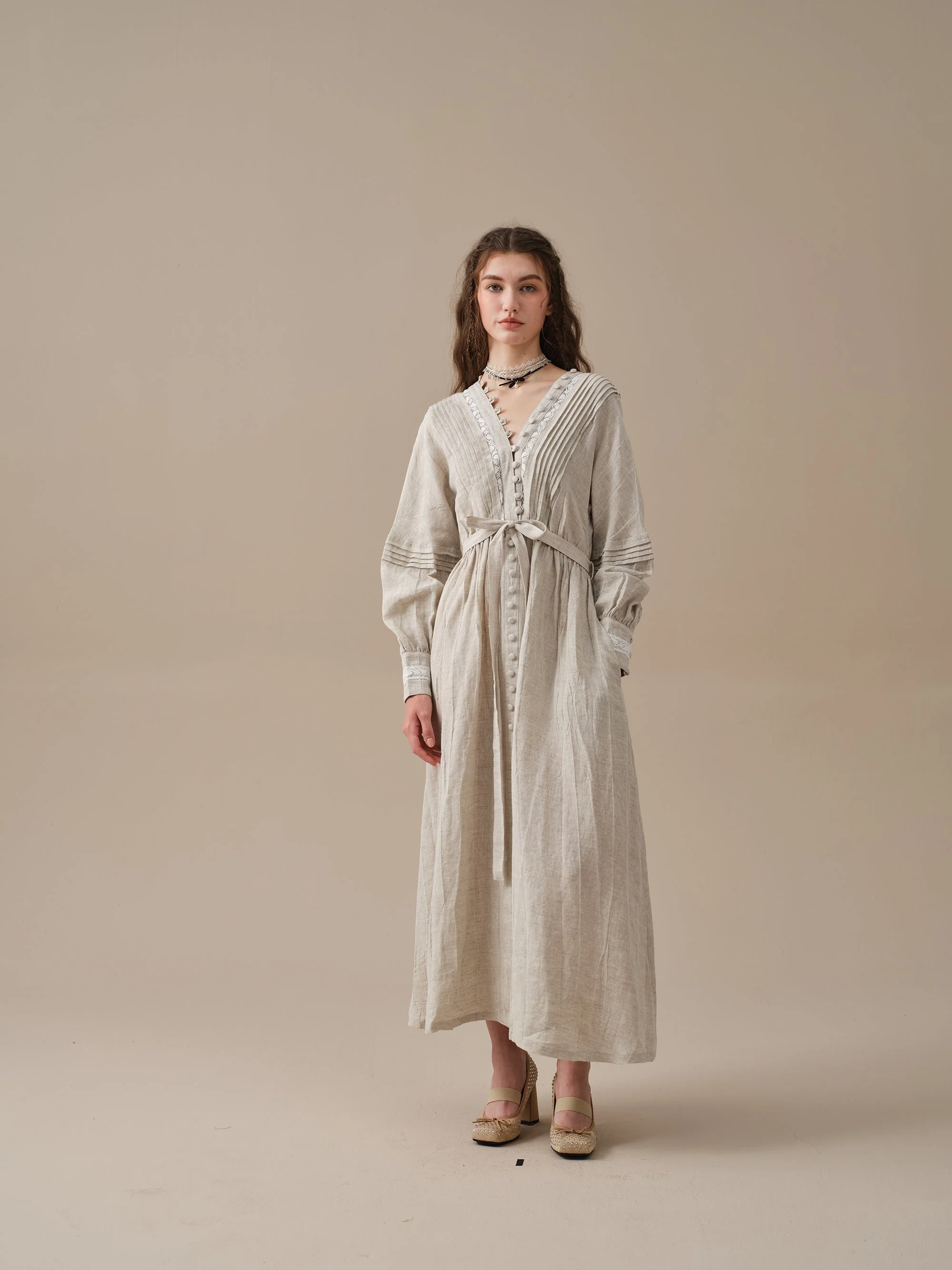 Octavia 17 | pintucked V-neck linen Dress - Image 11