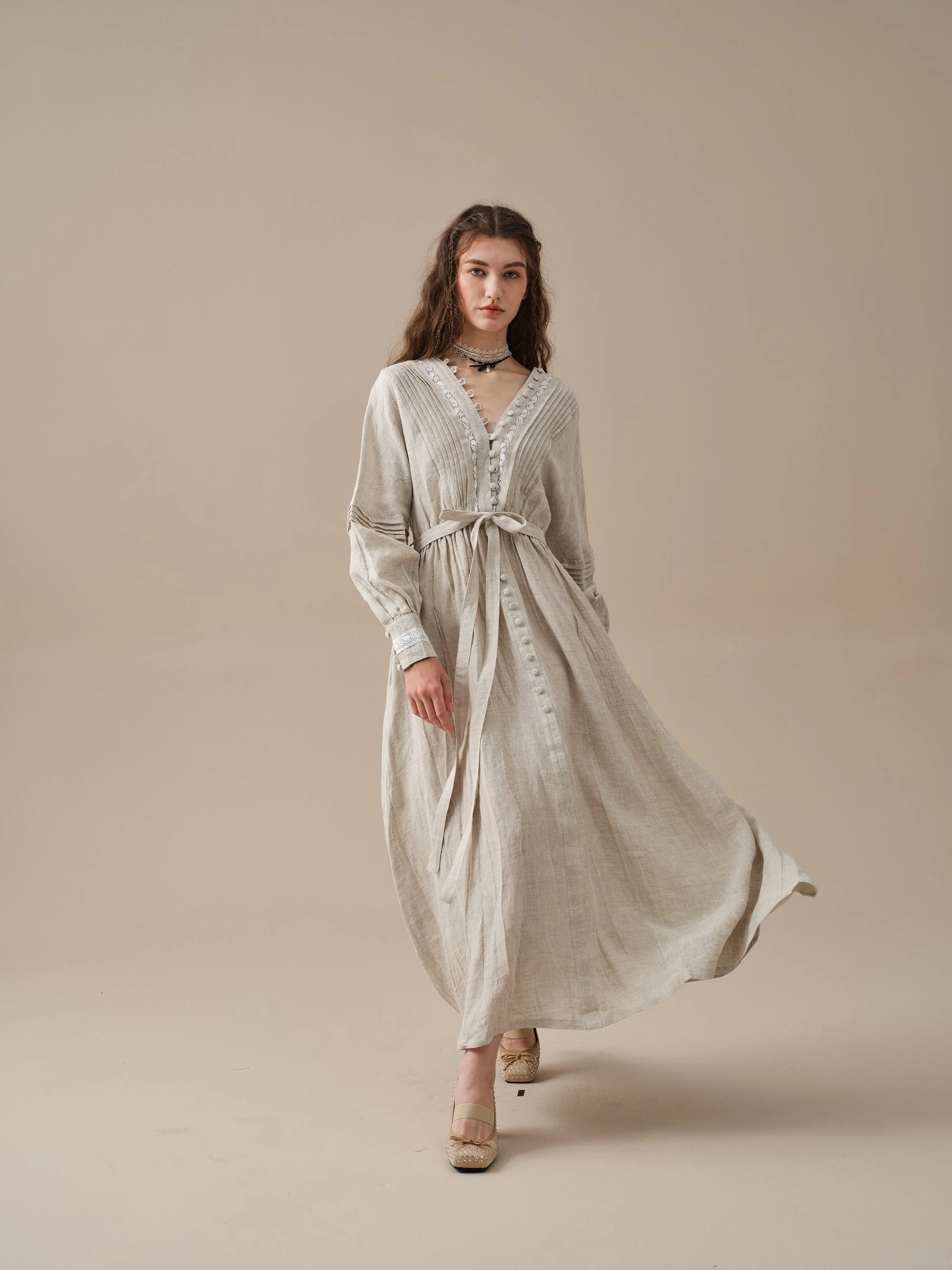 Octavia 17 | pintucked V-neck linen Dress - Image 13