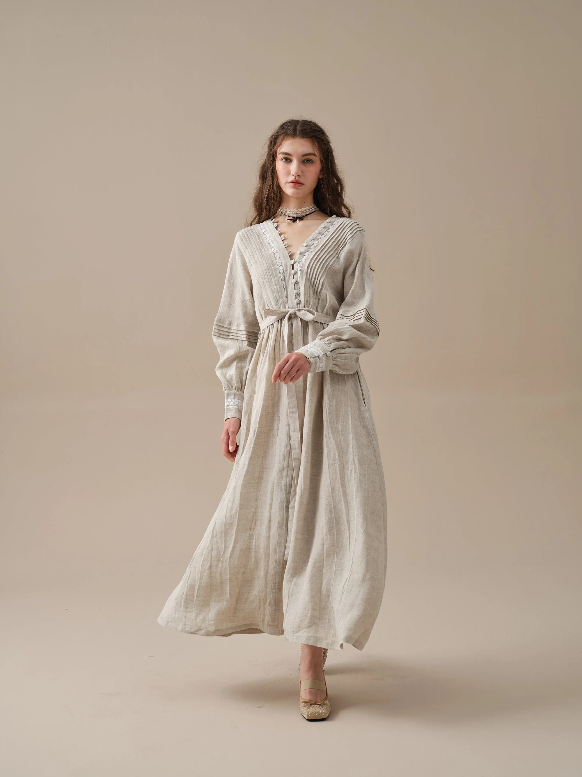 Octavia 17 | pintucked V-neck linen Dress - Image 14