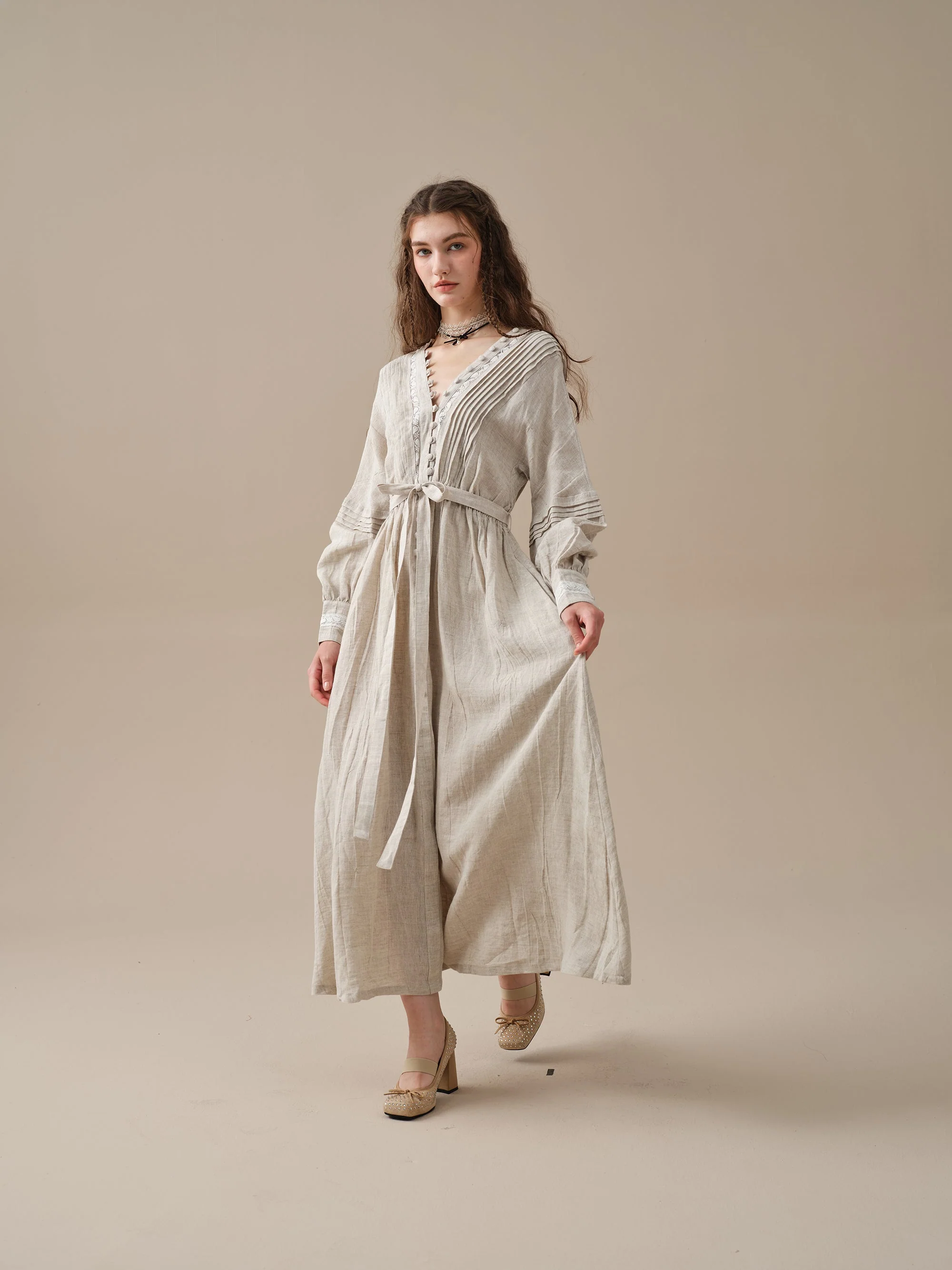 Octavia 17 | pintucked V-neck linen Dress - Image 15