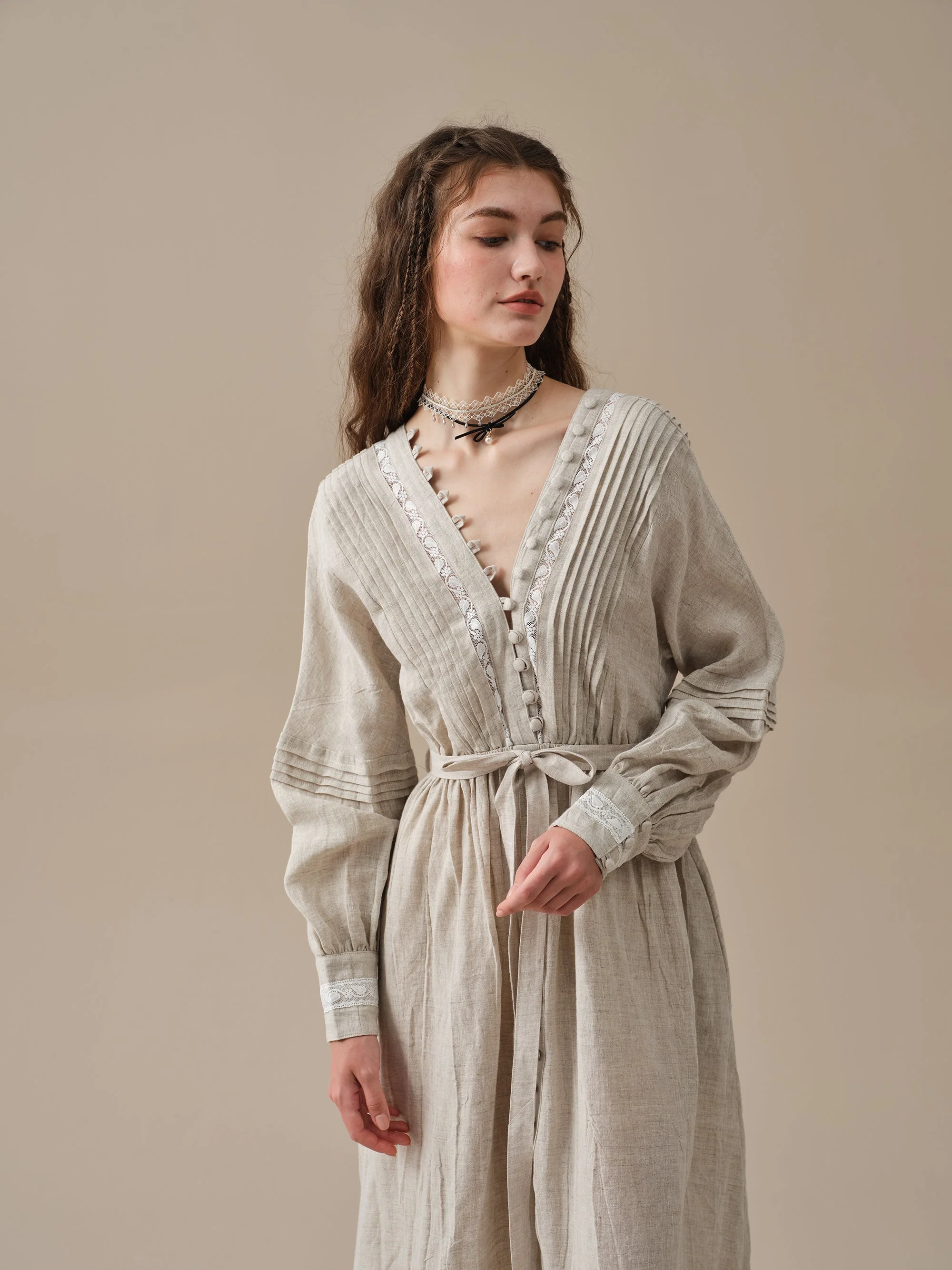 Octavia 17 | pintucked V-neck linen Dress - Image 16
