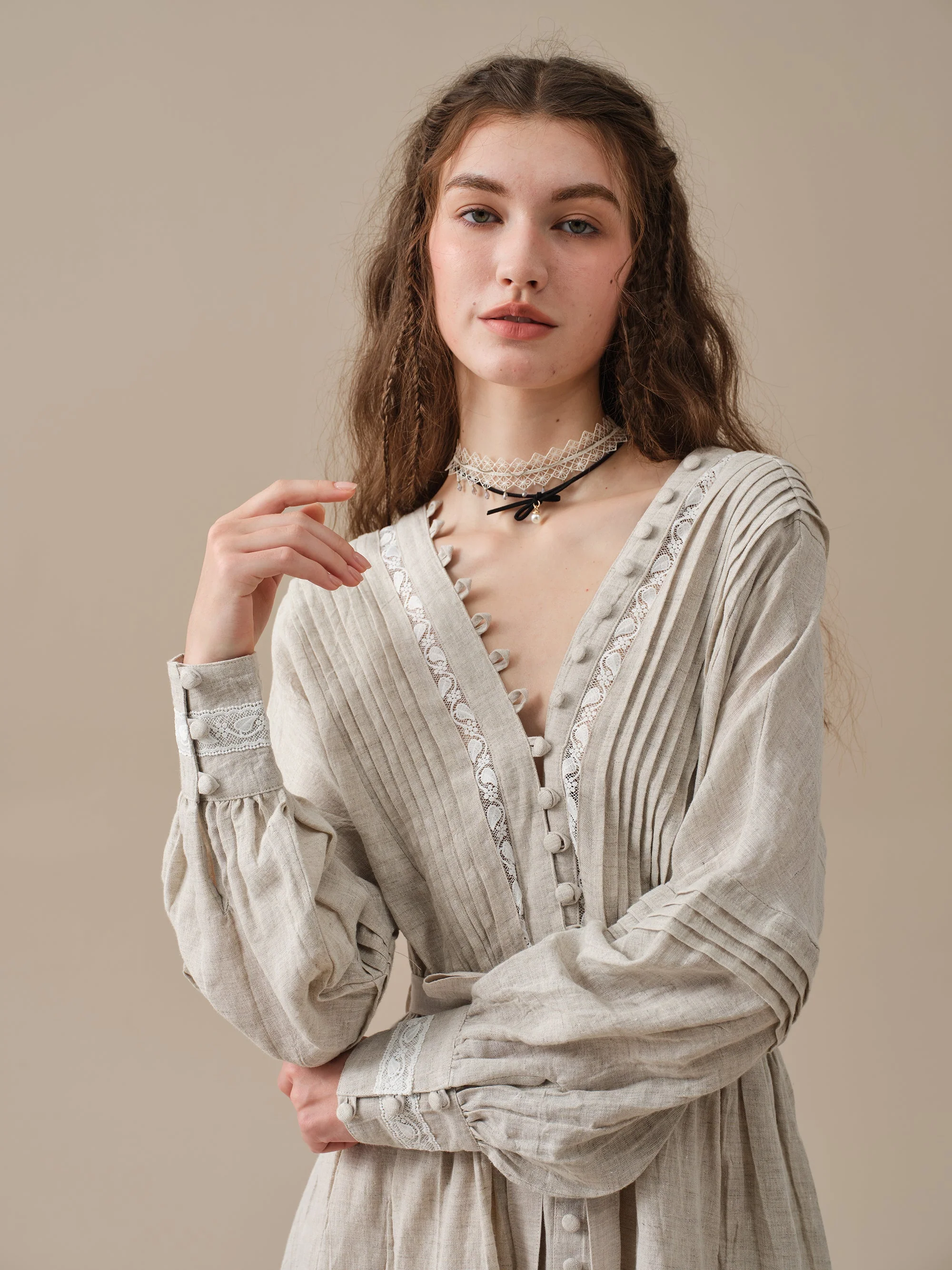 Octavia 17 | pintucked V-neck linen Dress - Image 17