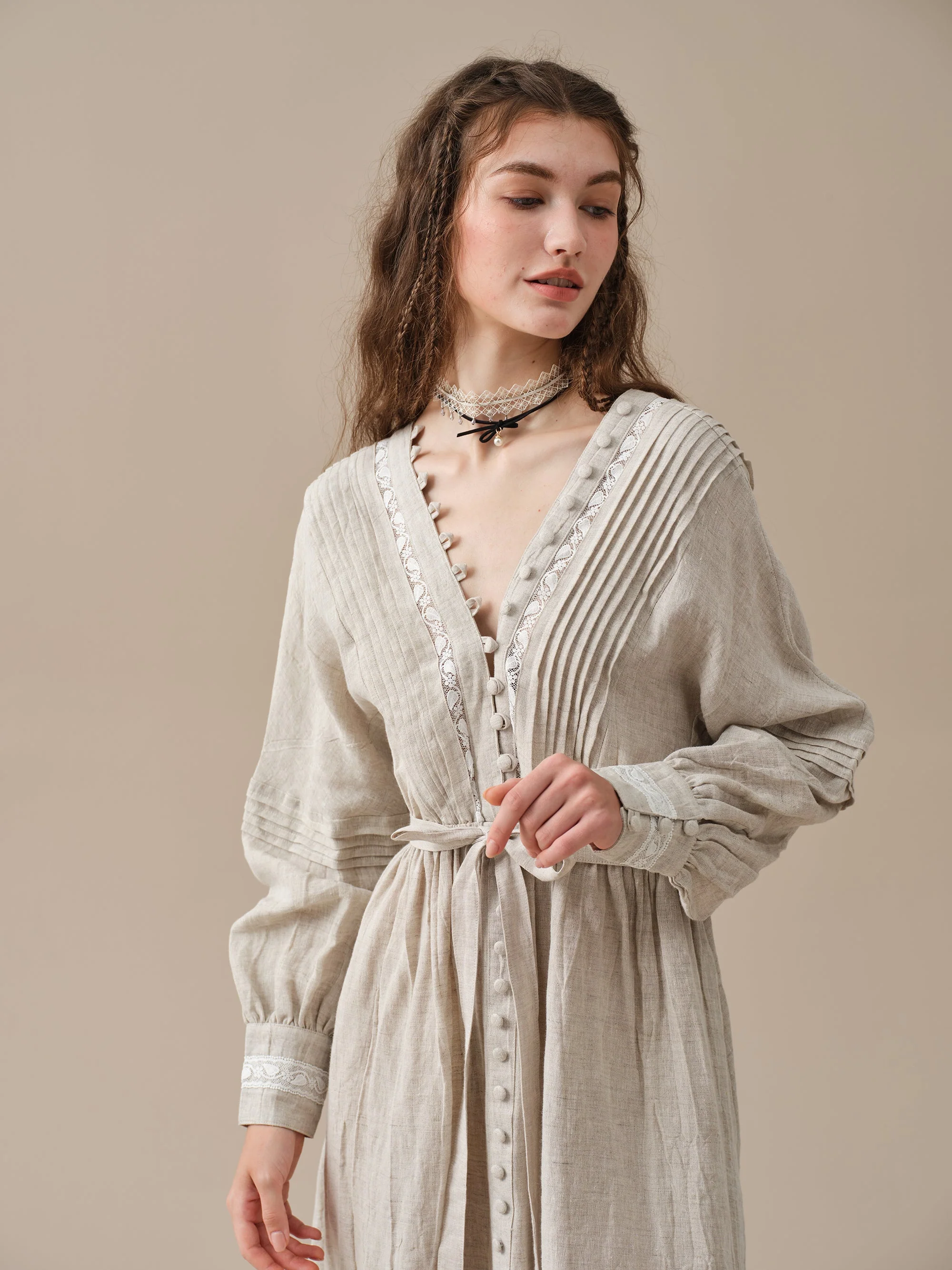 Octavia 17 | pintucked V-neck linen Dress - Image 18