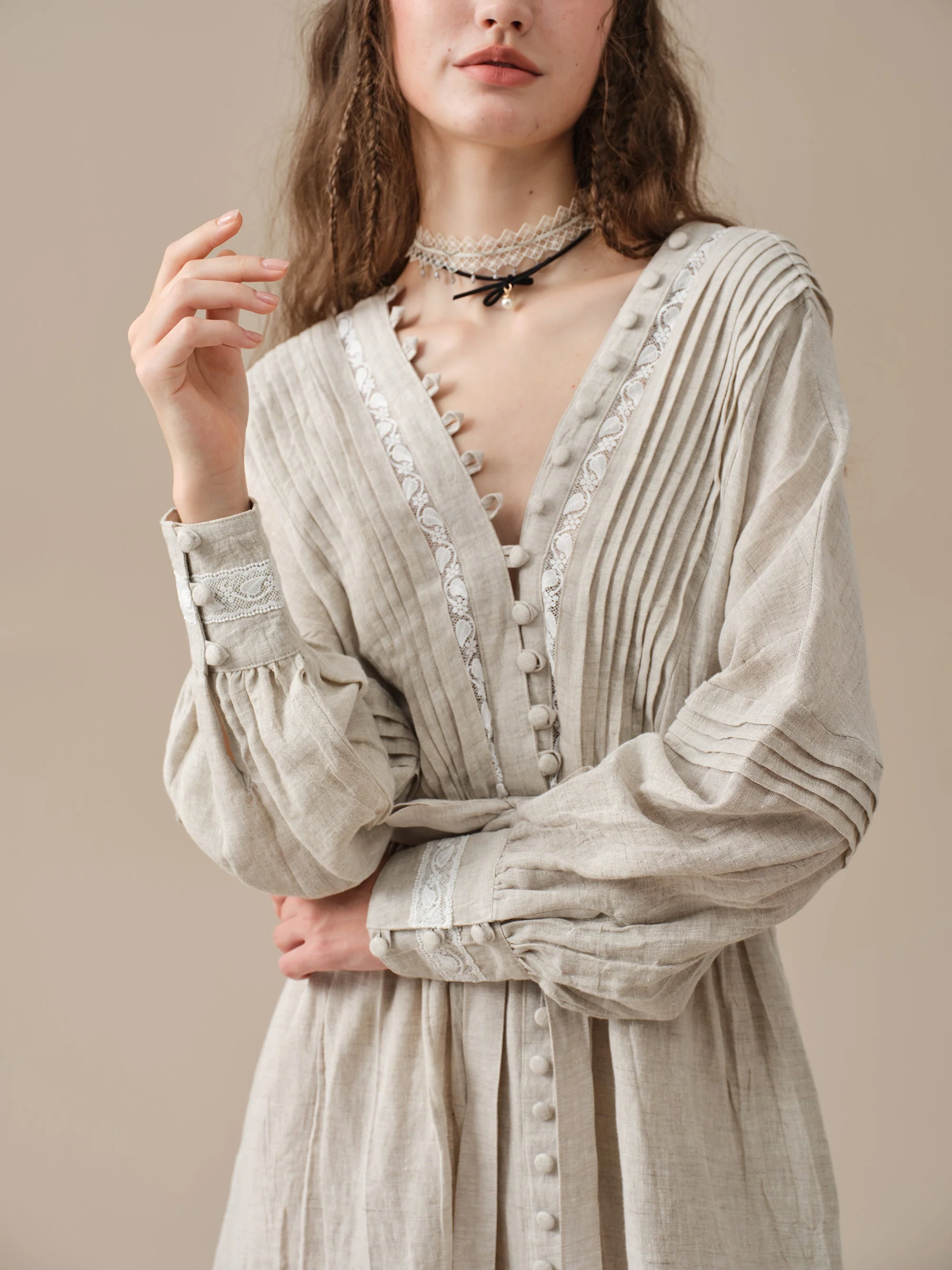Octavia 17 | pintucked V-neck linen Dress - Image 19