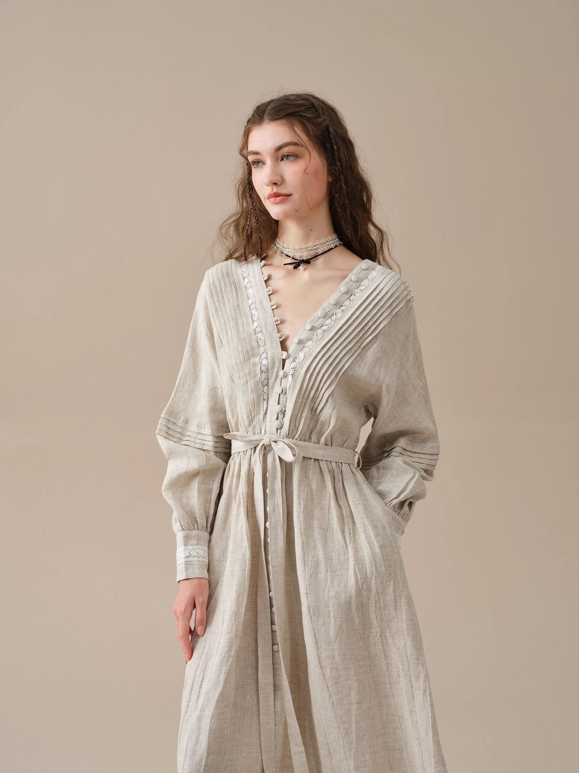Octavia 17 | pintucked V-neck linen Dress - Image 7