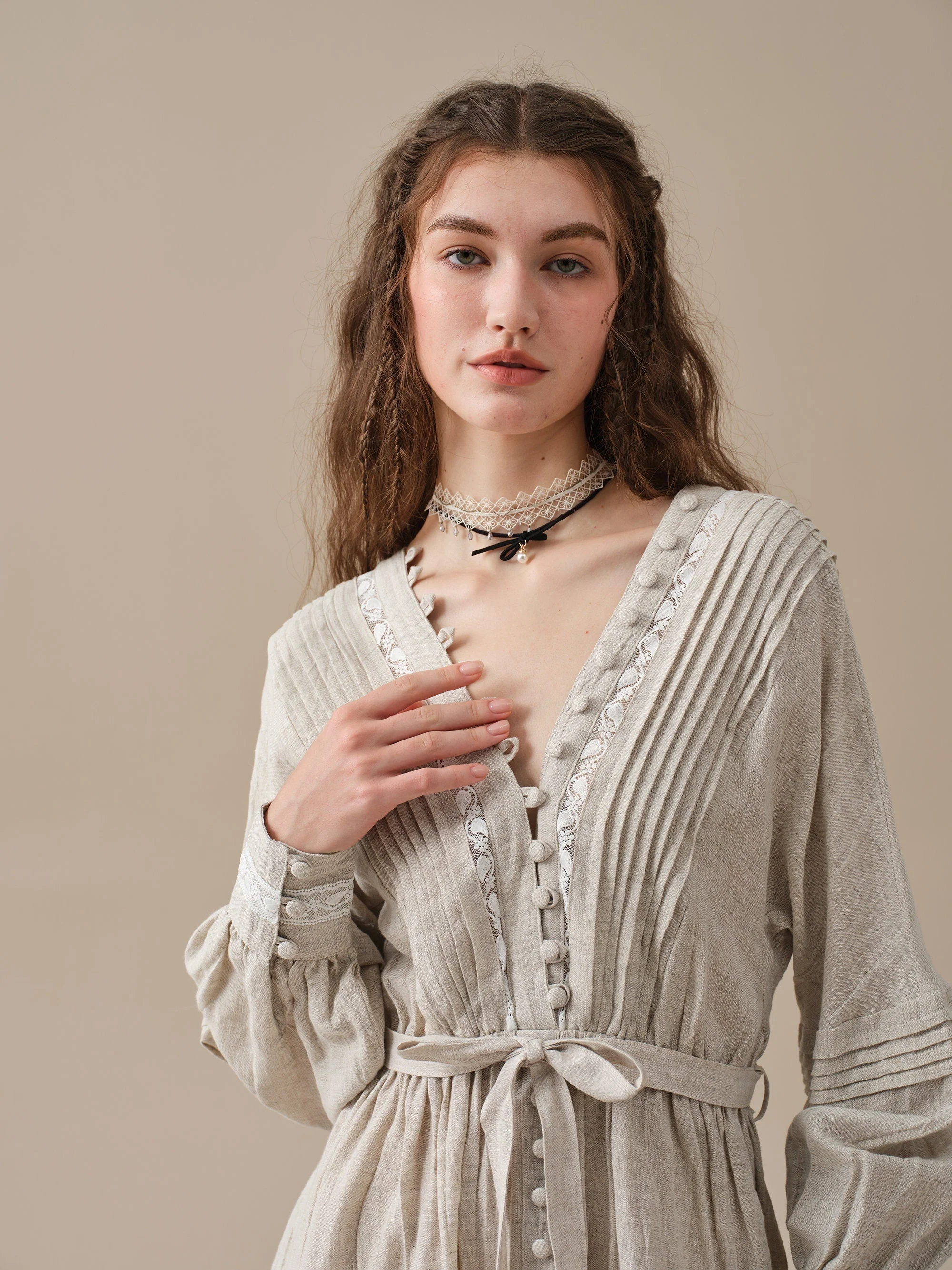 Octavia 17 | pintucked V-neck linen Dress - Image 8