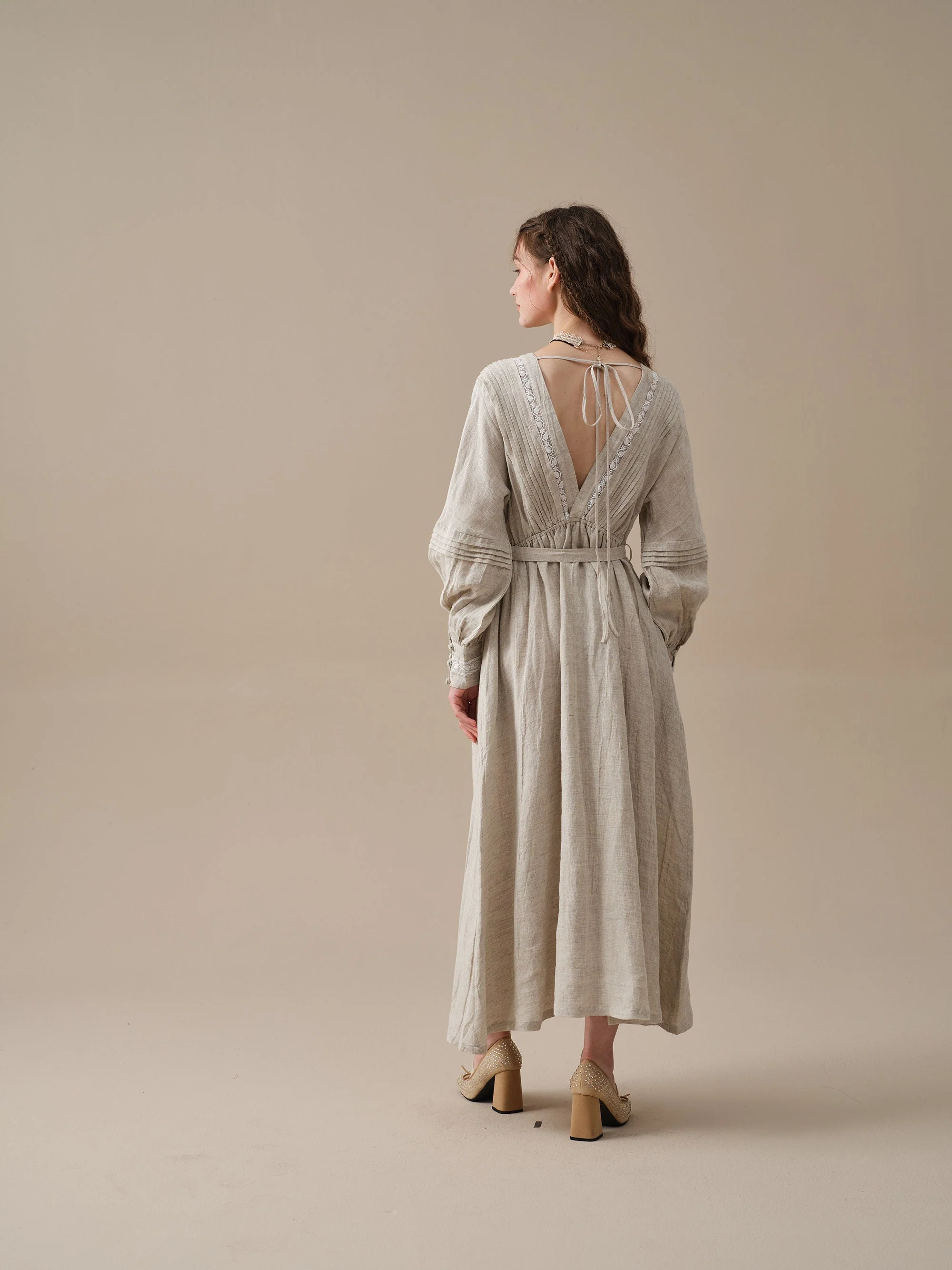 Octavia 17 | pintucked V-neck linen Dress - Image 9