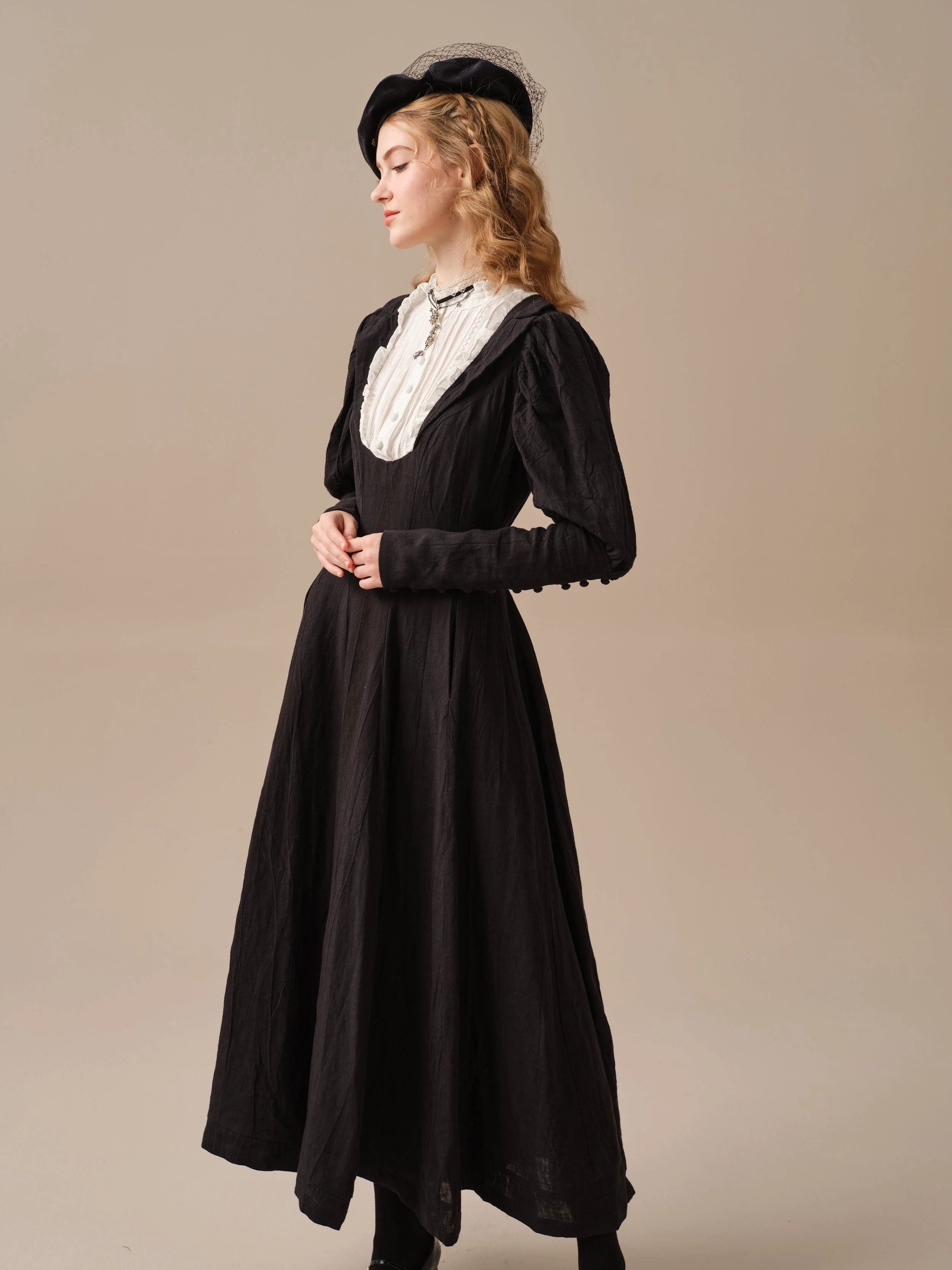 Luna 19 | 100% linen pintucked black dress - Image 19
